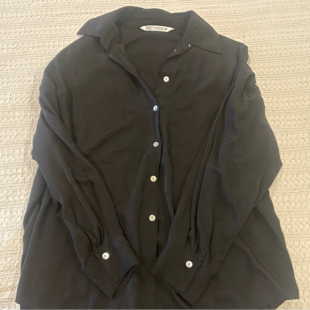 NEW Zara Black Satin Button-Up Blouse